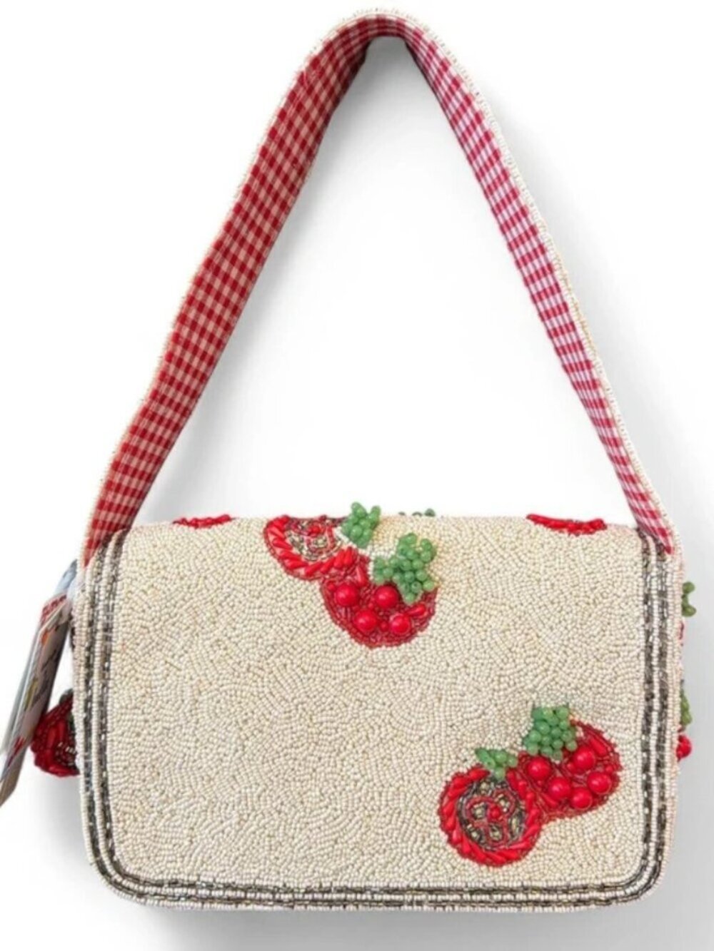 Viral beaded tomato flower red green bag purse Handcrafted in India - Picture 2 of 5
